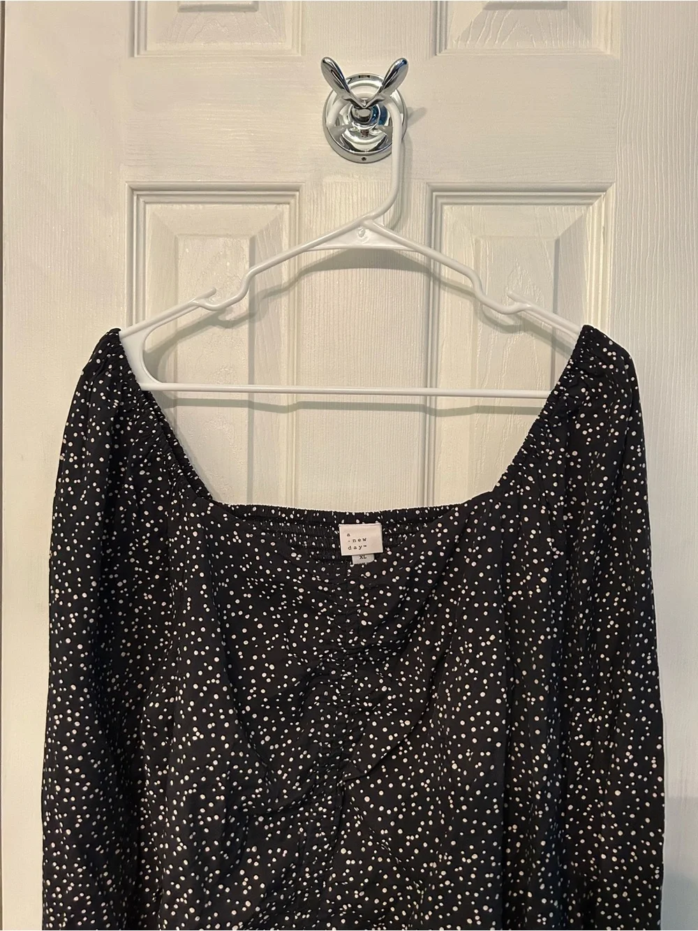 A New Day Women’s Black Off-Shoulder Long Sleeve Top with White Dot Print Size